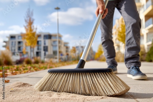 Male sweeping sidewalk in urban area during autumn daytime with focus on broom and leaves