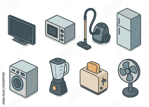 Home appliance 3d icons set – household, kitchen and cleaning symbols
