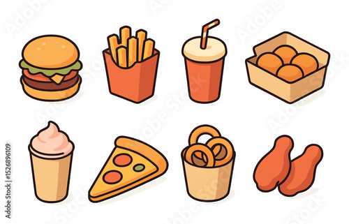 Fast food icons set – 3d, burger, snacks and drink themed design elements