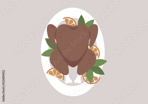 A beautifully presented roasted turkey sits atop a decorative platter, surrounded by vibrant citrus slices and fresh greens, perfect for a festive gathering or special occasion