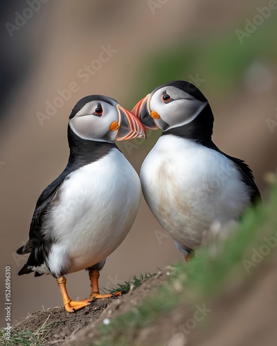 Two atlantic puffins standing close together on a grassy patch looking at each other closely