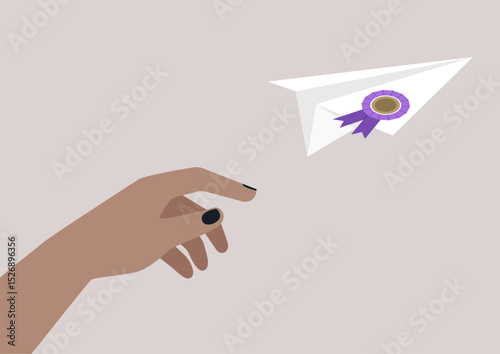 A hand gently releases a diploma paper plane, embodying aspirations and success as it takes flight into a world of possibilities and future endeavors