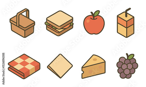 Picnic essentials icons set – outline, food and summer relaxation symbols