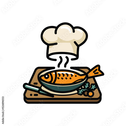 vector icons cooking food chef hat include a pizza slice, a sushi roll, spaghetti and meatballs, a curry bowl burger , fish 
