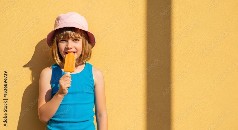 Happy Little Girl Enjoying a Refreshing Orange Popsicle on a Sunny Day Happy Little Girl Enjoying a Refreshing Orange Popsicle on a Sunny Day