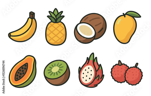 Fruits icons set – flat, tropical, fresh and juicy food symbols