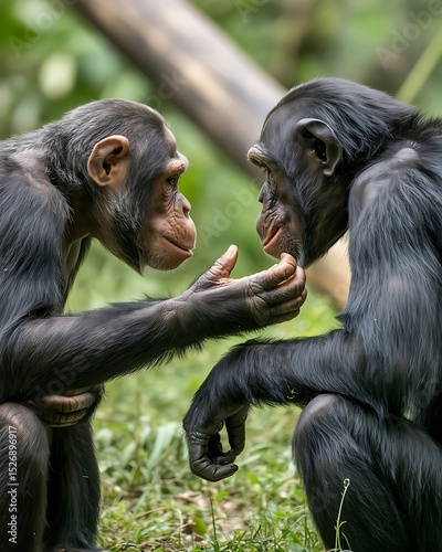 Two chimpanzees interacting closely with one touching the other's face in a natural setting