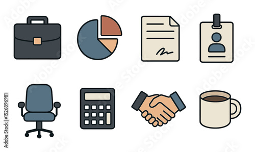 Business essentials icon set - outline, corporate office and work symbols