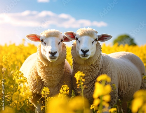 Two sheep in a field of flowers