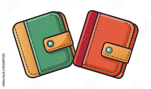 Photo of two stylish leather wallets, one teal and one burnt orange, rest together isolated on white background