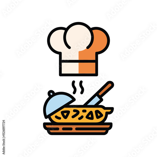 vector icons cooking food chef hat include a pizza slice, a sushi roll, spaghetti and meatballs, a curry bowl burger , fish 
