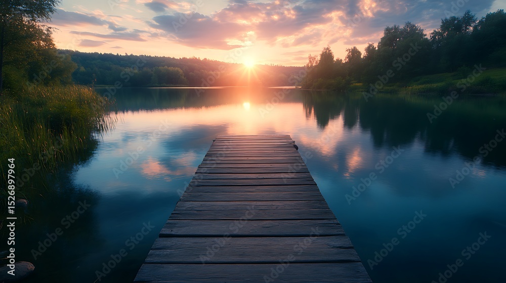 Fototapeta premium Wooden pier on the lake at sunset. Beautiful summer landscape.