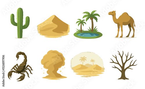 Desert adventure icons set – silhouette, wilderness and landscape symbols