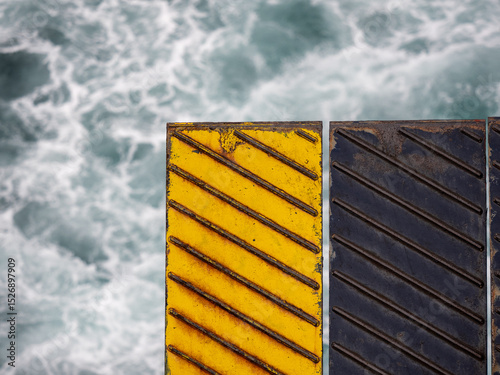 Yellow and black ramp of a car ferry with white foamy water in the background