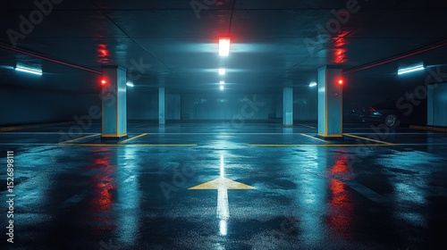 Empty underground parking garage, neon lighting, wet floor