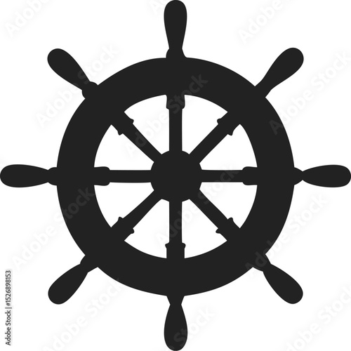 Black Silhouette of Ship Steering Wheel with Eight Evenly Spaced Spokes and Nautical Handles on Plain Background – Marine Helm Vector Icon for Nautical Decor, Logos, and Sailing Designs