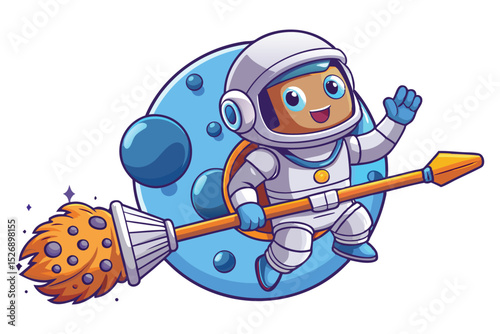 Whimsical Space Dog Riding Broomstick A Cartoon Illustration with Cosmic Elements and Playful Design