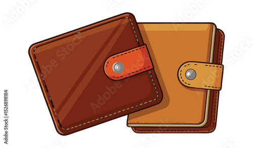 Photo of two rich brown leather wallets, one with an orange clasp, isolated on white background