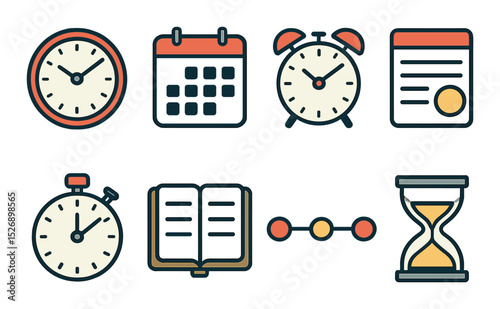 Time management outline icons set – linear, productivity and schedule symbols
