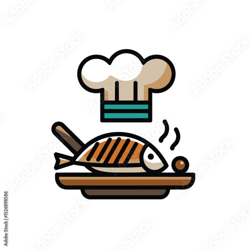 vector icons cooking food chef hat include a pizza slice, a sushi roll, spaghetti and meatballs, a curry bowl burger , fish 
