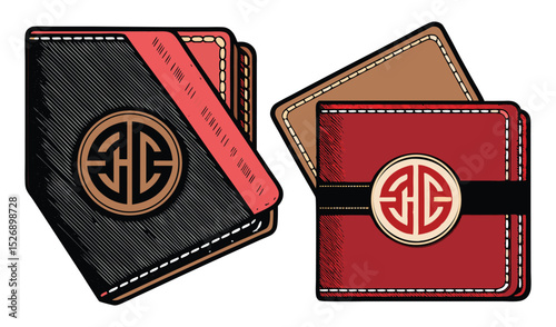 Photo of two elegant leather wallets, one black and red, the other red and brown, each adorned with a circular monogram, isolated on white background