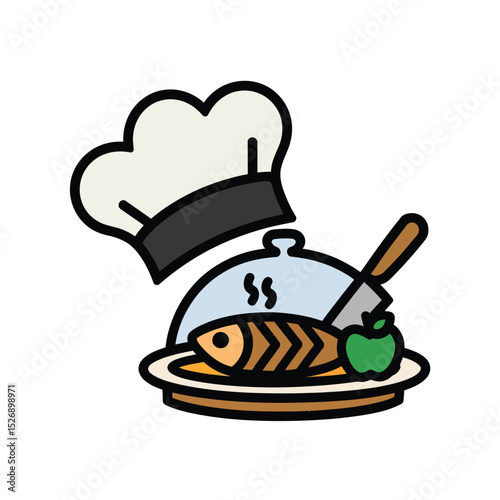 vector icons cooking food chef hat include a pizza slice, a sushi roll, spaghetti and meatballs, a curry bowl burger , fish 
