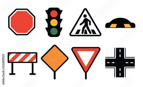 Traffic and road safety icons set – silhouette, signs and signals collection
