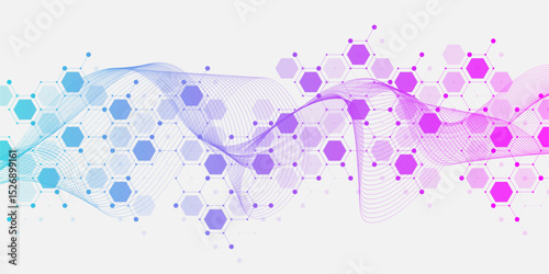 Molecular abstract structure and genetic engineering DNA. Healthcare and medicine background concept. Scientific research background. Wave flow. Innovation pattern. Vector illustration.