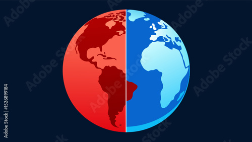 A visualization of a globe split between cool blue and hot red halves showing the stark contrast between areas that have been minimally affected by rising temperatures and those. Vector illustration