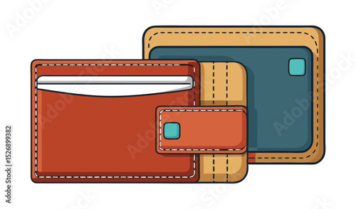 Photo of a set of rustic brown and tan leather wallets, isolated on white background