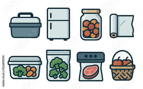 Food storage icons set – outline, pantry, preservation and kitchen symbols