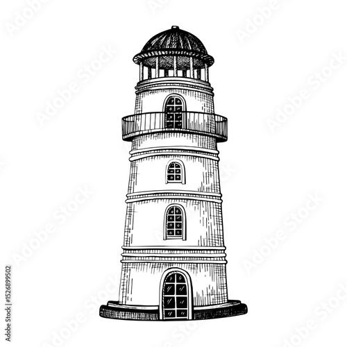 A classic lighthouse tapering upward to a domed lantern room. With arched windows, balcony railing and a sturdy base. Hand drawn vector illustration. Sketch in line art style painted by black ink