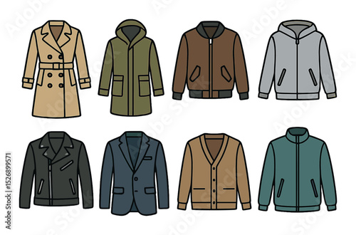 Outerwear clothing icons set – outline, fashion and apparel style symbols