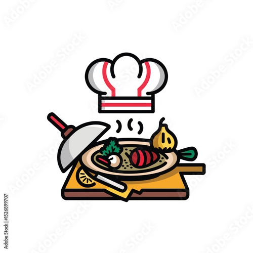 vector icons cooking food chef hat include a pizza slice, a sushi roll, spaghetti and meatballs, a curry bowl burger , fish 

