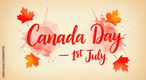 Canada Day July 1 greeting card with red maple leave in flat 