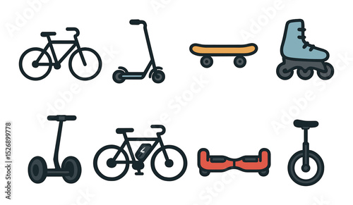 Urban mobility icons set – line, scooter, bicycle, skateboard and rollerblade symbols