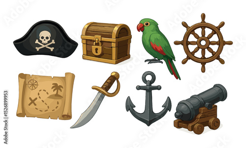 Pirate adventure icon set – 3d style, nautical and treasure-themed symbols