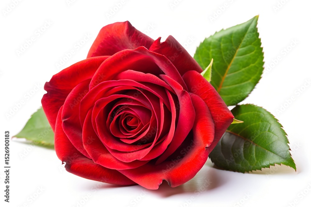 Fototapeta premium Fresh Red Rose with Green Leaves Isolated on White Background