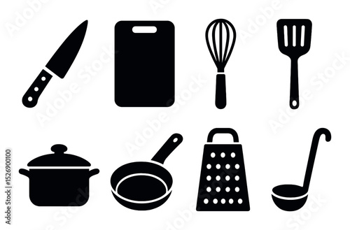 Kitchen and cooking silhouette icons set – flat, culinary and kitchenware symbols