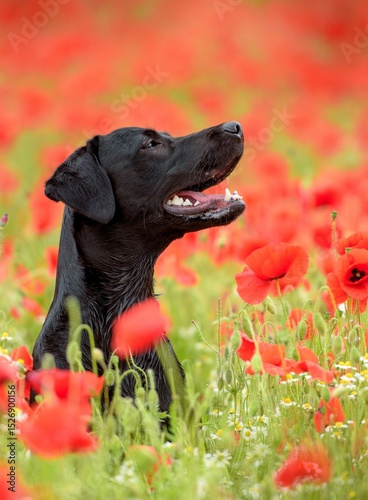 black labrador retriever in a poppy field