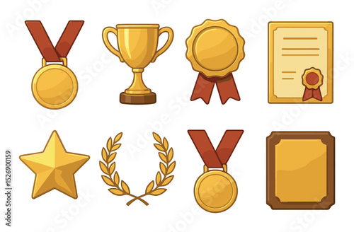 Award and achievement icons set – flat, medal and trophy design elements