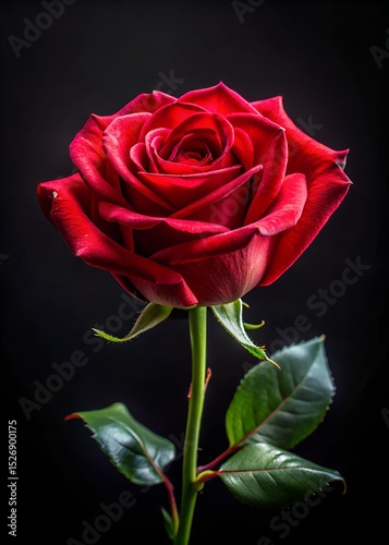 Single Red Rose on Black Background with Lush Petals and Green Stem

