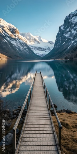 Scenic Mountain Lake Pier View with Snowy Peaks and Reflections

