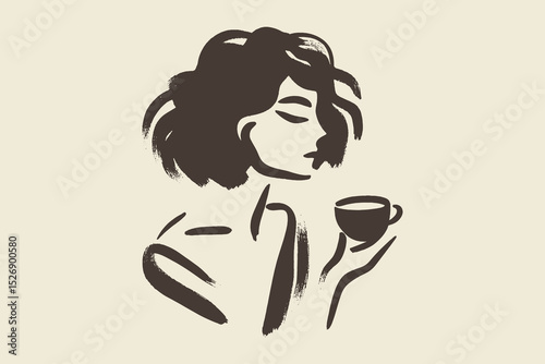 Woman with hot drink minimalist brush logo vector illustration