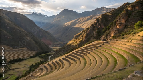 Ancient Andean Agricultural Terraces in Scenic Mountain Valley at Sunset


