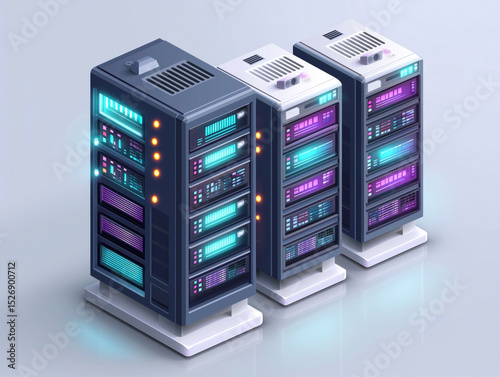 Modern data center with three high-tech server racks