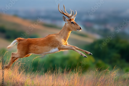 Graceful deer leaping across sunlit meadow in nature scene