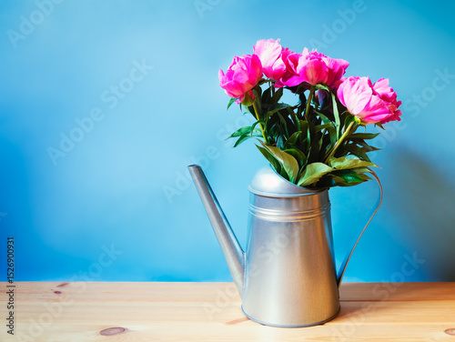 Bouquet of pink peonies in watering can on wooden table on blue background.