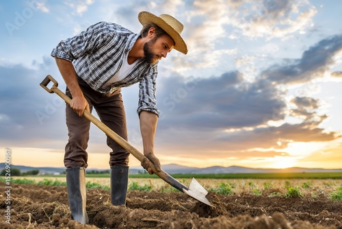 Young caucasian male farmer digging at sunset in rural field