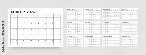 Monthly calendar layout for 2026 year. Diary planner for 2026 year. Week Starts on Monday. 